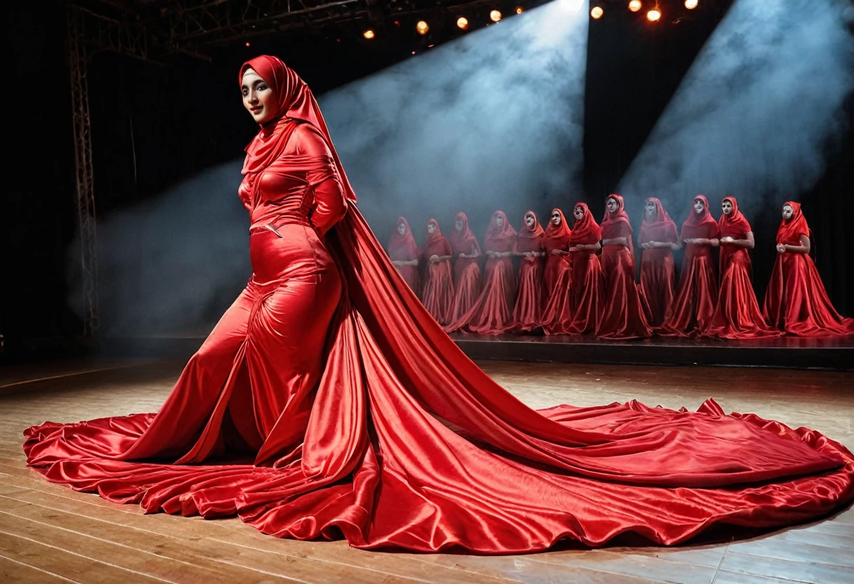 A woman shrouded in a 4-meter-long, plush red satin cloth, tightly bound and grandly draping along the form of her body, flowing off into a pooled floor-length train, styled in a mermaid-inspired outfit, her head modestly veiled in a satin hijab, tall woman, walk in circus stage, a full-body pose posing in front of people, captured in a 4k resolution, ultra-realistic