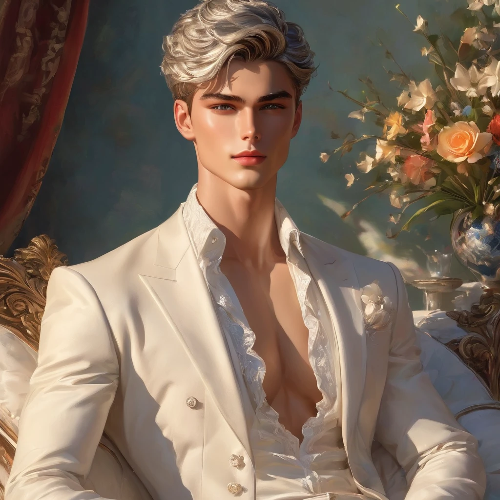 In this breathtaking artwork, miniature doll-sized male models, inspired by the iconic supermodels Sean O’Pry and Lucky Blue Smith, take center stage in a vibrant scene reminiscent of a Ken doll fantasy. With jointed doll features and porcelain-like skin, these charming figures boast an irresistible blend of sophistication and natural beauty.
Sporting short silver-gray undercut hairstyles, Wearing small white embroidery-detailed thong, he has toned chest and abs and he exudes sophistication and elegance against the backdrop of a luxury bedroom. The room is adorned with 1915 Oriental theme, surrounded by luxury exotic furniture, velvet drape curtains, and colorful wildflowers, creating a vibrant and enchanting atmosphere.
Captured from a dynamic angle, over shoulder look photo showcases the models amidst the meticulously arranged Employing three-point lighting and incorporating 3D animation shadows, the photographer enhances the models' features, resulting in an image of unparalleled realism and detail.
using a Canon EOS R6 and Sigma AF 24mm F1.4 EX DG HSM lens by Thomas Synnamon, the focus of the photo is on his captivating presence and the intricate details of the surroundings, Utilize natural soft lighting, casting gentle highlights and shadows that accentuate the contours of his face and body, The light creates a warm intimate atmosphere with a soft golden tone that enhances his skin,
With its dramatic composition and seductive lighting, this masterpiece invites viewers to immerse themselves in a world of charm and sophistication. It celebrates the beauty of the male form while capturing the essence of a fun-filled day, where joy and relaxation abound.