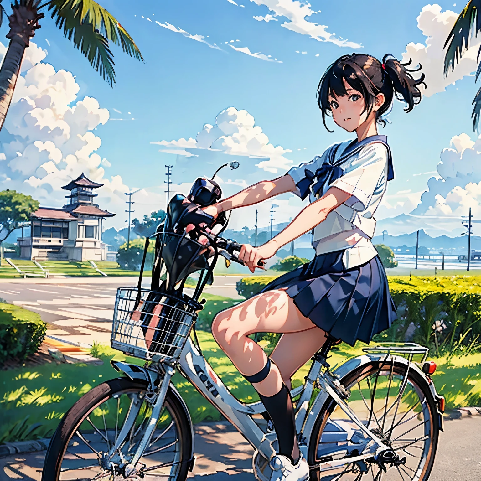 (A Japanese high school girl riding a white bicycle and running briskly)、A white sailor dress with short sleeves、Black Hair、black eye、Medium Hair、short hair、Straight hair、smile、Slim and well-proportioned body type,、Wear loafers、A gentle breeze、Palm tree、countryside、A little overgrown grass、Beautiful blue sky and white clouds、(Highest quality, masterpiece, High resolution)、8k、wallpaper、