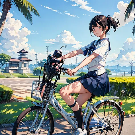 (a japanese high school girl riding a white bicycle and running briskly)、a white sailor dress with short sleeves、black hair、blac...