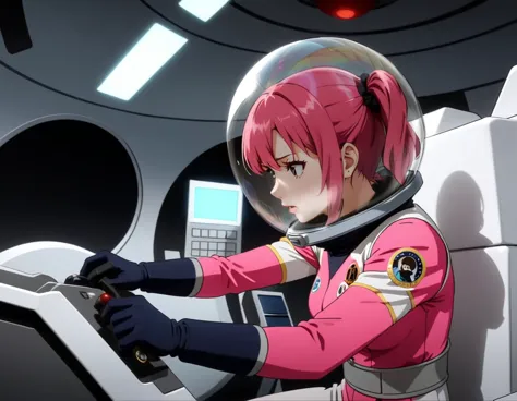 eva helm, spacesuit , astronaut), , pink hair, bubble helmet, space helmet, (1girl:1.1) wearing a (spacesuit:1.15), white cargo ...