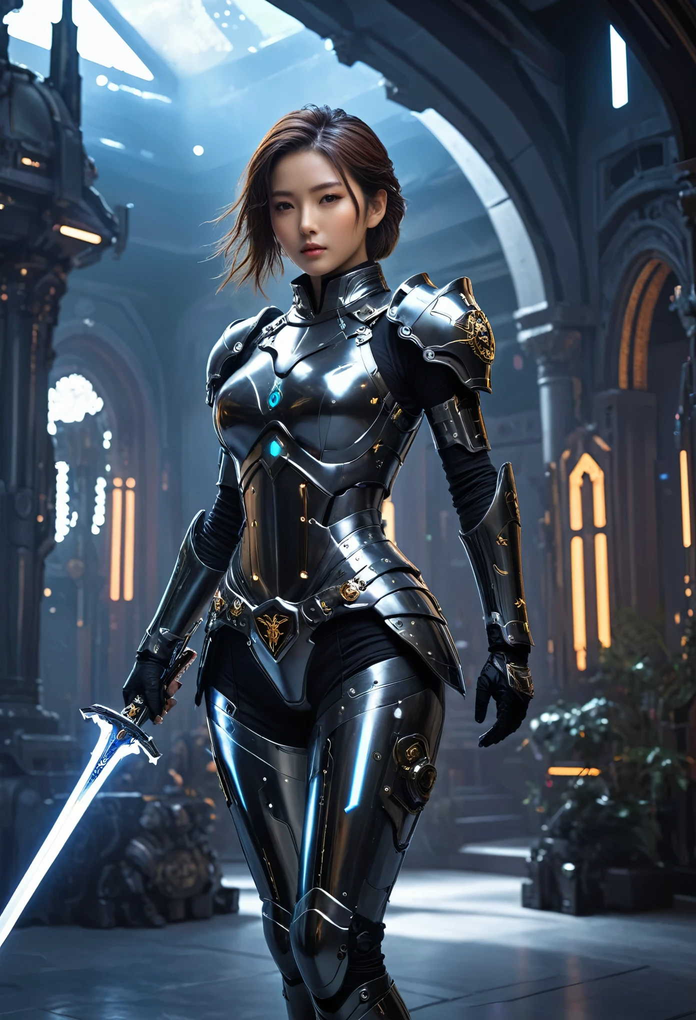 A woman in futuristic clothing holding a futuristic sword, Trending on cgstation, Trending on cgstation, (Portrait of a girl in the Knights of the Zodiac:1.4), Cute Cyborg Girl, Perfect android girl, Portrait Astronaut Girl, Beautiful girl cyborg, Girl wearing black mechanical cyber armor, Game CG, cgsociety と fenghua zhong, Beautiful Cyborg Shrine Maiden