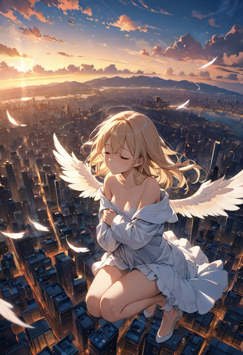 high resolution、High definition、8k、Anatomically correct、alone、null、cloud、Warm Light、distant cityscape、(Floating high in the air, crouching with knees hugged.)、close your eyes、Angel、Fully floating、diagonal、