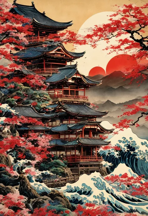 fusion of watercolors and oil paintings, fusion of paper cutting and shadow puppetry, mix of japanese painting, ukiyo-e and wood...