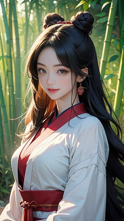 ( High resolution、 Super detailed)、masterpiece、Highest quality、High resolution、8k、Detailed Anime、Buildings from the Tang Dynasty、Tang Dynasty China、Tang Dynasty China、Young and beautiful woman、Beautiful Face、Beautiful Face、Pretty lips、Hanfu、(whole body)、Hair styled in a bright-colored round bun、Smiling eyes、Walking、Cowboy Shot、background、Buildings from the Tang Dynasty、Chang'an during the Tang Dynasty in China、Plum blossom、bamboo forest、Detailed CG、