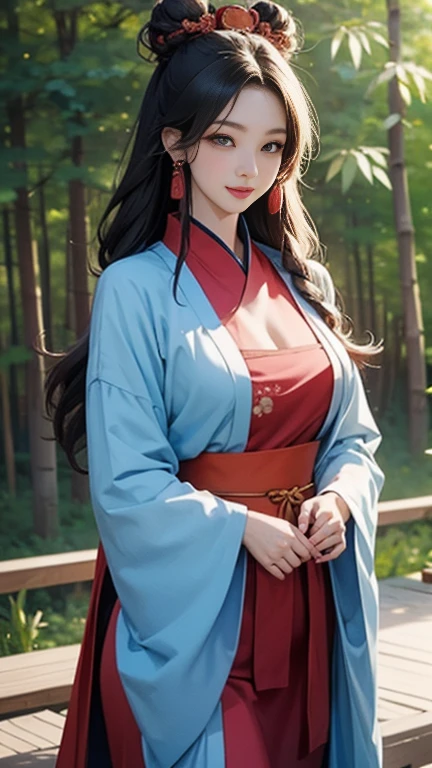 ( High resolution、 Super detailed)、masterpiece、Highest quality、High resolution、8k、Detailed Anime、Buildings from the Tang Dynasty、Tang Dynasty China、Tang Dynasty China、Young and beautiful woman、Beautiful Face、Beautiful Face、Pretty lips、Hanfu、(whole body)、Hair styled in a bright-colored round bun、Smiling eyes、Walking、Cowboy Shot、background、Buildings from the Tang Dynasty、Chang'an during the Tang Dynasty in China、Plum blossom、bamboo forest、Detailed CG、