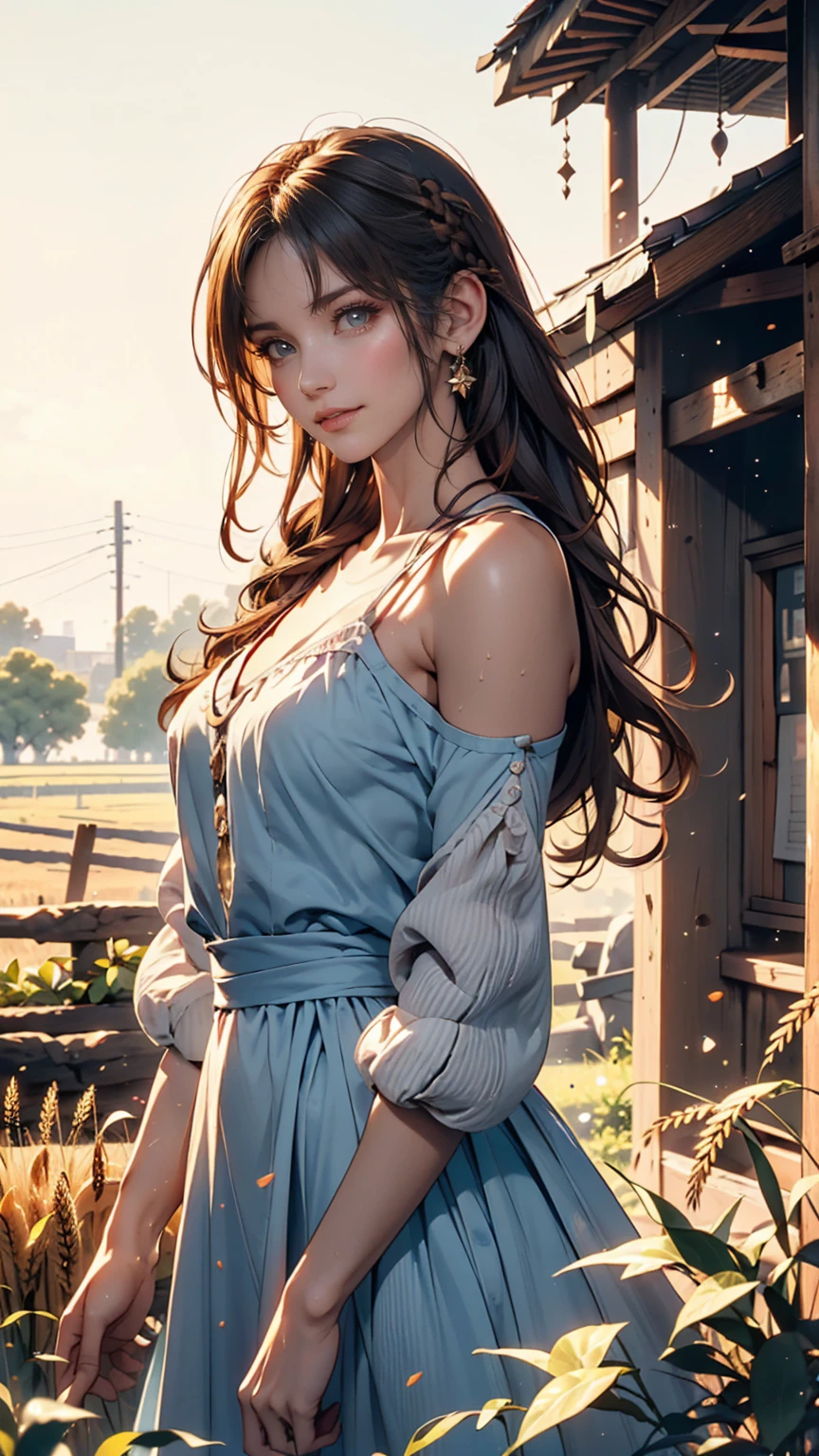 One person, 20-year-old, Tall and attractive, Wearing a cute country dress, Braided hair, Standing on a rural farm. She's gentle, A kind smile and expressive eyes. A charming barn can be seen in the background., Golden wheat fields and clear blue skies. The composition should be bathed in warm golden hour light., The soft depth of field and soft bokeh accentuate the idyllic tranquility.. Capture images that look like they were shot on vintage 35mm film for added impact, movie,