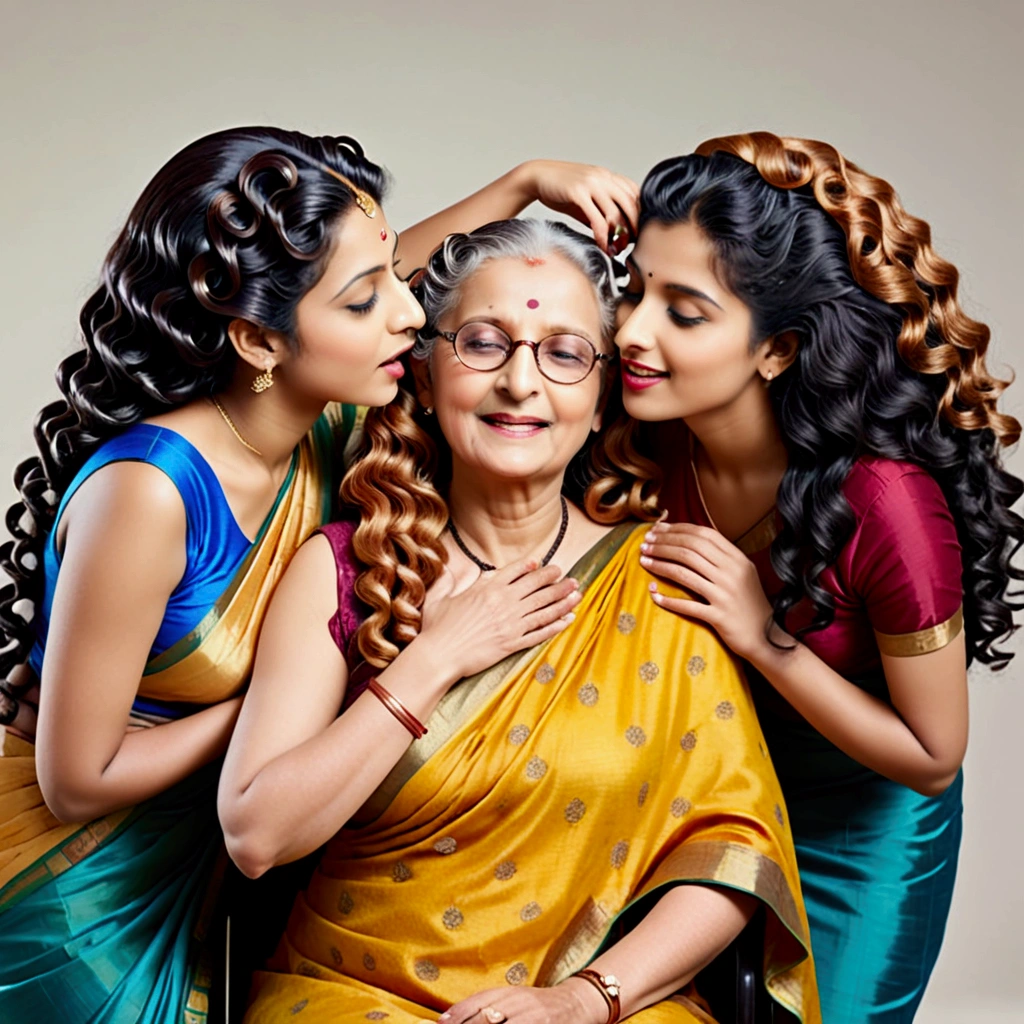 In indian home,two younger indian ladies and their eldery indian grandmama in sarees,unnatural unreal wiered black 3c curly:2.6 hairs like black springs,It is being coiled and coiled and coiled amd millon times coiled hairs made up in salon exact looking like image prompt,Showered highly wet hairs,Drenched and absorbed water in their hair,like hair flooded with 10000000000000000000000000000000000000000000 liters and soaked in thier hair,hairs like water pulp,Those hairs git pulpted and makes very thick hair curls like black warms on thier hairs,Their hairs got coiled with wetness,Shinning like mirrors stating big springs,one eldery grandmama lady seated down, other two younger bend over and licking head scalp of seated lady from behind, Like they raping seated lady' head scalp with kissing wildly,Generate ladies hairs are rapunzel and so much wet as wetness absobed in to their hairs and made curls exact as per the image prompt,Generate ladies hairs stricly following image prompt with mirror shininess and curliness,Generate indian younger and elderity woth respect to thier ages in the imahe prompt ladies