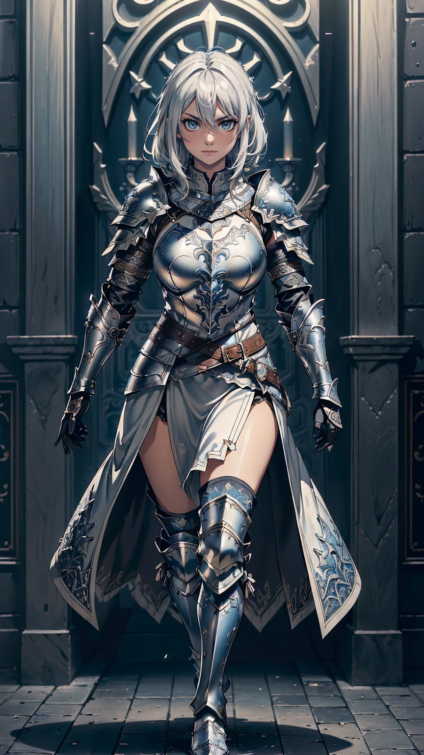 最high quality、Ultra High Definition, Ultra High Quality, Hyper Definition, Hyper Quality, Hyper Detailed, Extremely Detailed, Perfectly Detailed, Best image quality、masterpiece、anime woman((40-year-old、super dynamic pose , Dancing, Blue solid eyes, Silver Short Curve Hair, Disheveled Hair,  White Hair, Glove、Dress,  Noble Leather Armor, Lips,   Strict Expression, , charismatic, Detailed Cuirass , Wearing  Full Coverage Fantasy PLeather Armor, leg armor)),high quality、Beautiful art、background((Inside the mansion))、Written boundary depth、 movie、Visual Arts、Perfect art、8K,Genuine、