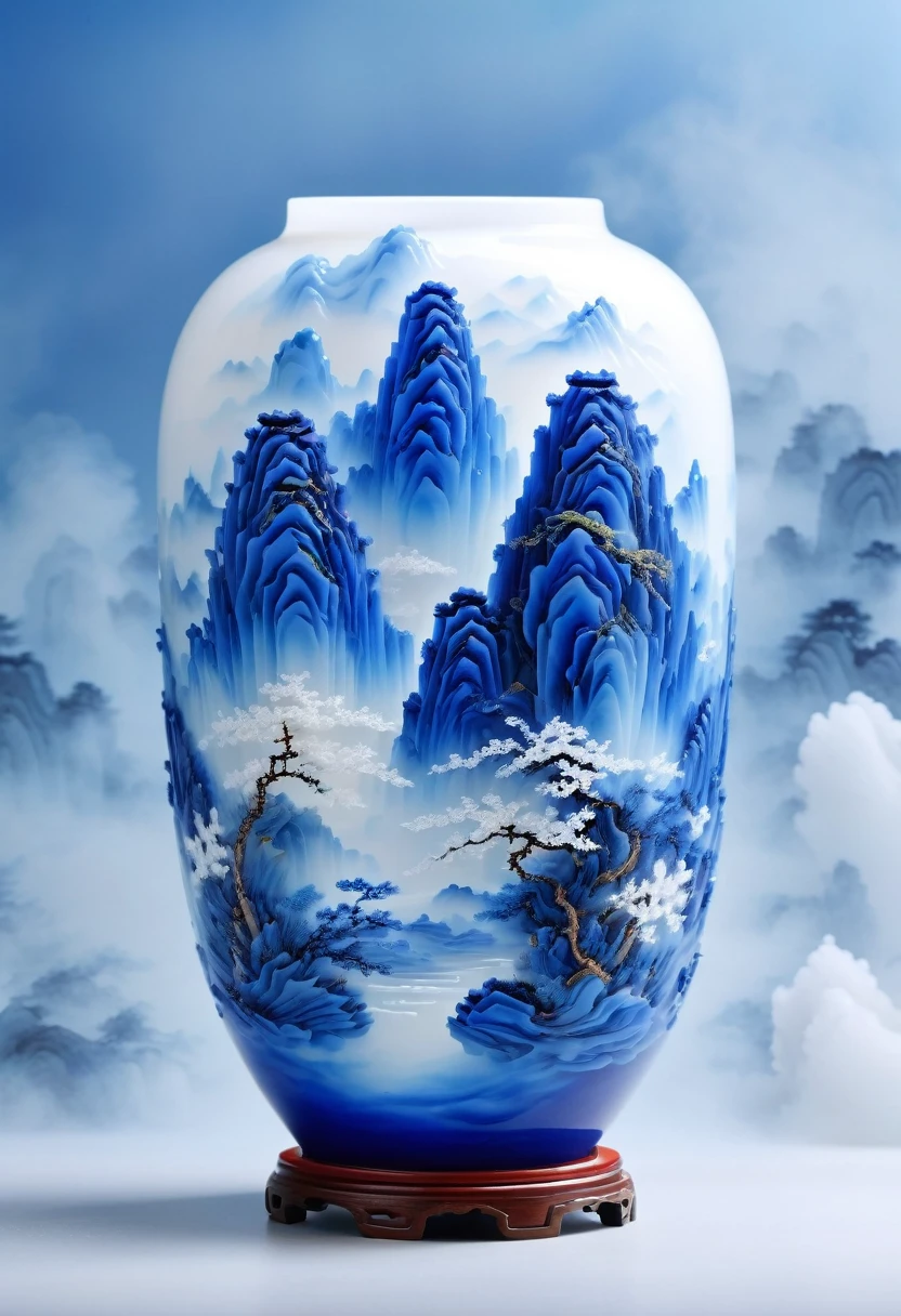 Micro landscape pattern carved on blue and white porcelain vase，Translucent glass material,Blue-white gradient,Traditional Chinese landscape painting,Abstract shapes,Minimalism,cave，3d。water vapor，White mist，Thick fog，