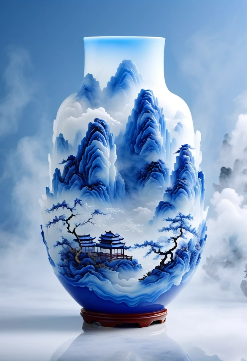 Micro landscape pattern carved on blue and white porcelain vase，Translucent glass material,Blue-white gradient,Traditional Chinese landscape painting,Abstract shapes,Minimalism,cave，3d。water vapor，White mist，Thick fog，