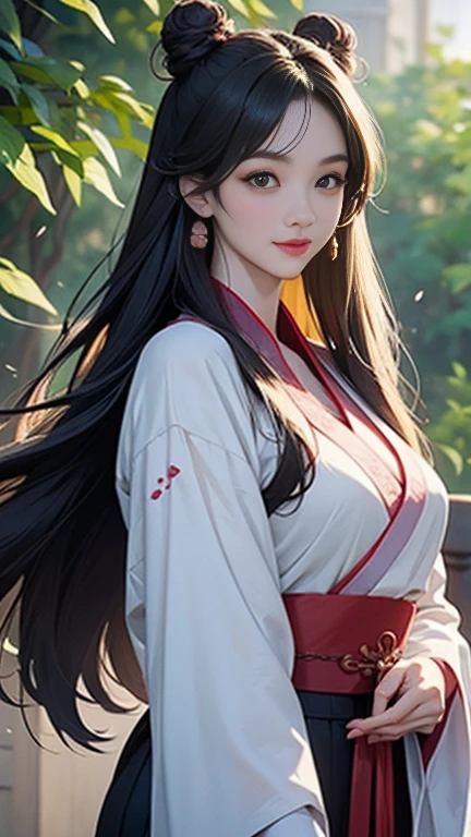 ( High resolution、 Super detailed)、masterpiece、Highest quality、High resolution、8k、Detailed Anime、Buildings from the Tang Dynasty、Tang Dynasty China、Tang Dynasty China、Young and beautiful woman、Beautiful Face、Beautiful Face、Pretty lips、Hanfu、(whole body)、Hair styled in a bright-colored round bun、Smiling eyes、Walking、Cowboy Shot、background、Buildings from the Tang Dynasty、Chang'an during the Tang Dynasty in China、Plum blossom、bamboo forest、Detailed CG、