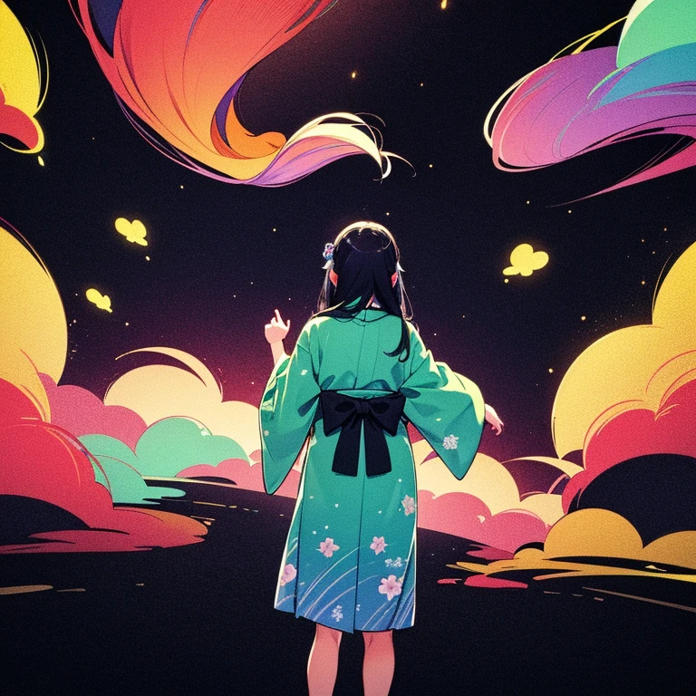 (masterpiece, Best quality, a high resolution:1.4), wallpaper, whole body, 1 girl, long hair, (blue hair:1.0), (black hair:1.0), green eyes, multicolored hair, gradient hair, , facing away, the yukata , popper for the party, night, hairclip, bang,