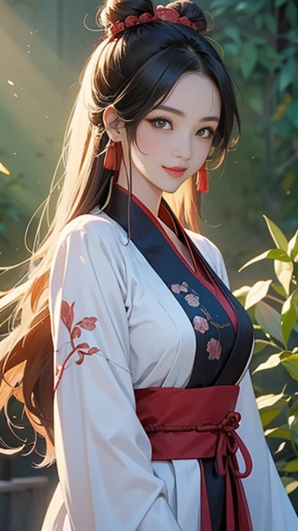 ( High resolution、 Super detailed)、masterpiece、Highest quality、High resolution、8k、Detailed Anime、Buildings from the Tang Dynasty、Tang Dynasty China、Tang Dynasty China、Young and beautiful woman、Beautiful Face、Beautiful Face、Pretty lips、Hanfu、(whole body)、Hair styled in a bright-colored round bun、Smiling eyes、Walking、Cowboy Shot、background、Buildings from the Tang Dynasty、Chang'an during the Tang Dynasty in China、Plum blossom、bamboo forest、Detailed CG、