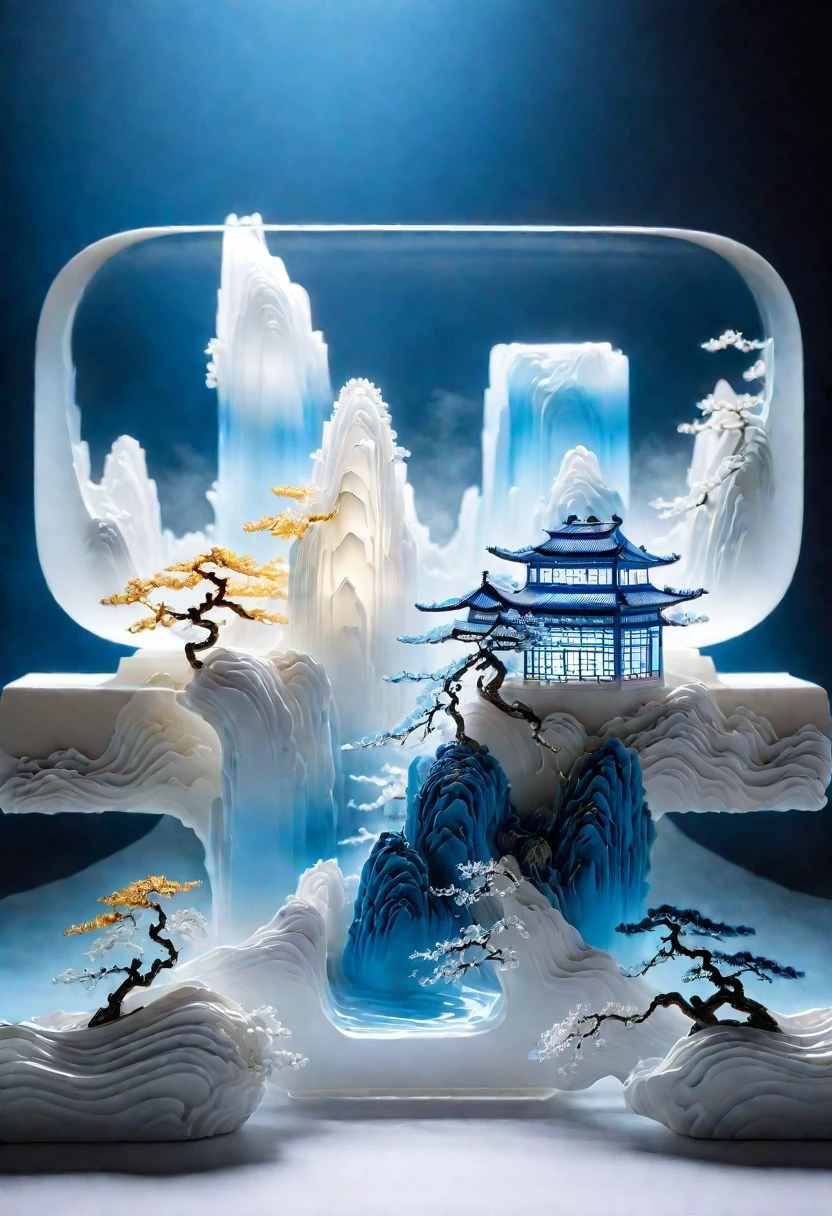 Micro landscape pattern carved on blue and white porcelain vase，Translucent glass material,Blue-white gradient,Traditional Chinese landscape painting,Abstract shapes,Minimalism,cave，3d。water vapor，White mist，Thick fog，