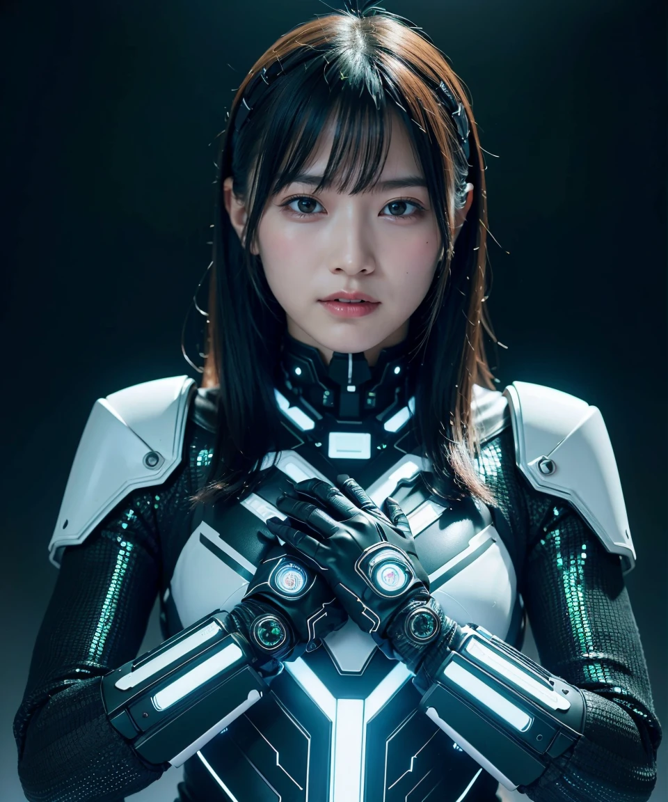 Hedonistic 22-year-old woman, (whole body:1.2), Sexy , ccute face,  (View your audience, alone, Upper Body, Detailed Background, detailed face, (Neotech Theme:1.1) Evil Tech Futuristic Hacker, Grin, Advanced Technology, coat, Techwear, Electronics, Head-up display, green (Holographic Display:1.05), Access Denied, number, Laptop, neural network, Background screen, green lights, Cyber Warfare, Dark and ominous atmosphere, Shadow,) break ((Realistic)), Mid-chest, Beautiful woman, realistic face, Mouth Details, extremely detailed eye_and_face, beautiful attractive face, beautiful detailed eye, Female-specific characteristics, matte eyehadow, eyelash, perfect body break too dark, (whole body, masterpiece), High resolution, 8k resolution, Analog RAW Digital SLR, Highest quality, Absurd, Vibrant colors, Exquisite detail, (intricately detailed face_and_eye), realistic hands, Refined details, (Realistic lighting, Sharp focus), Center Fold, Bokeh, Official Art, 8k wallpaper, 超High resolution, プロの写真撮Shadow