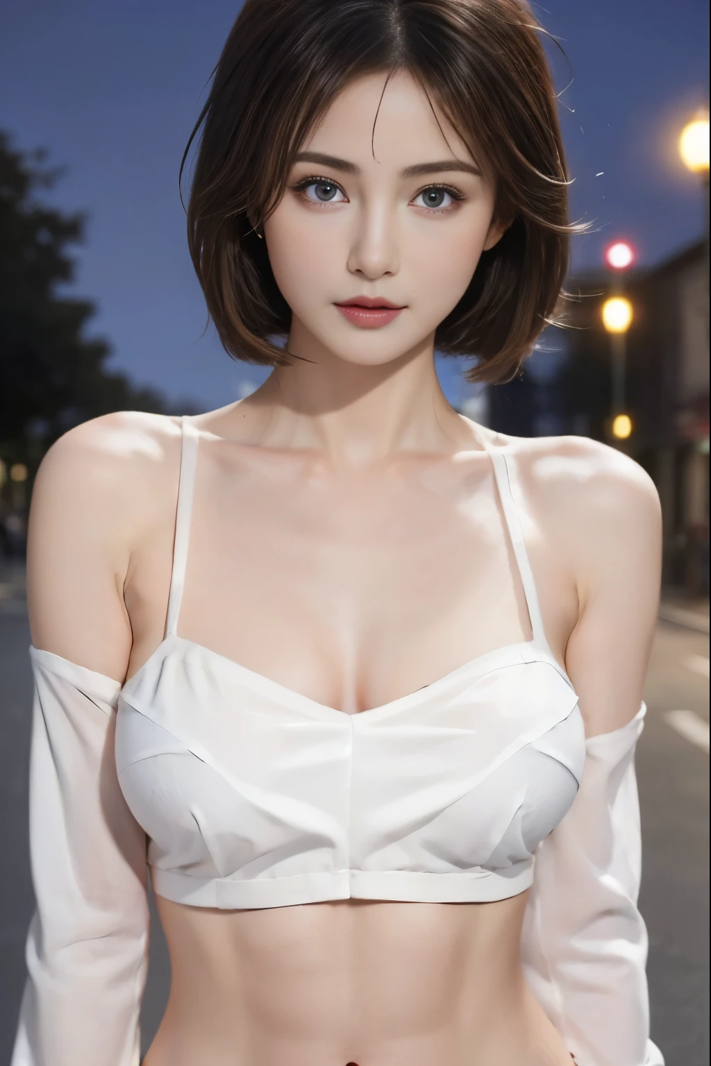 8K, Top quality, Intricate details, Ultra Detailed, Ultra-high resolution, masterpiece, close up, (whole body: 1.1), Smile, (cosmetic: 0.4), ((,)), (蓬松的blue eyes: 1.21), (()), 1 Girl, Solitary, 1 girl, ((Cami White, Golden brown hair, Bangs, short hair(Complete hairstyle on the head：1.3), blue eyes, Antenna hair, Abdominal muscles, Scar on cheek )), close up, , ((High target)), (((Fitness))), (((Thin face))), Pointed face, ((Beautiful big breasts:1.5)) , (Delicate face), Small lips,  ((Abaya,)), , ((Abaya)), Delicate face, Detailed breasts,((Abaya)) , cloak, （（Sexy red lingerie1.3）），detaileds, Willow Waist, Skinny, Contents shape , 160 cm High target, Curvy physique, Umbilical cord, Exposing the belly, Pointed chest,,Top-tier sexy clothing design， Beautiful girl with accentuated slender Abdominal muscles: 1.4, 六块Abdominal muscles: 1.4, Hands covering chest bare,Gloves perfect body, Detailed legs, (( Background of a street at night)), （远距whole body：1.3）