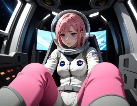 eva helm, spacesuit , astronaut), , pink hair, bubble helmet, space helmet, (1girl:1.1) wearing a (spacesuit:1.15), white cargo ...