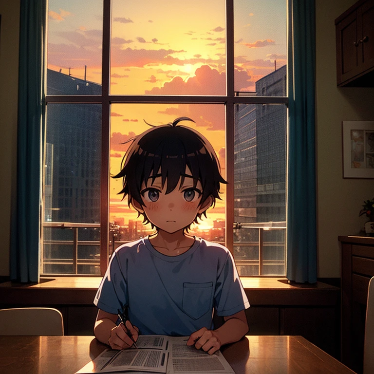 The boy is studying against the backdrop of the sunset outside the window., anime, He lives in the building.  