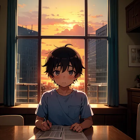 the boy is studying against the backdrop of the sunset outside the window., anime, he lives in the building.