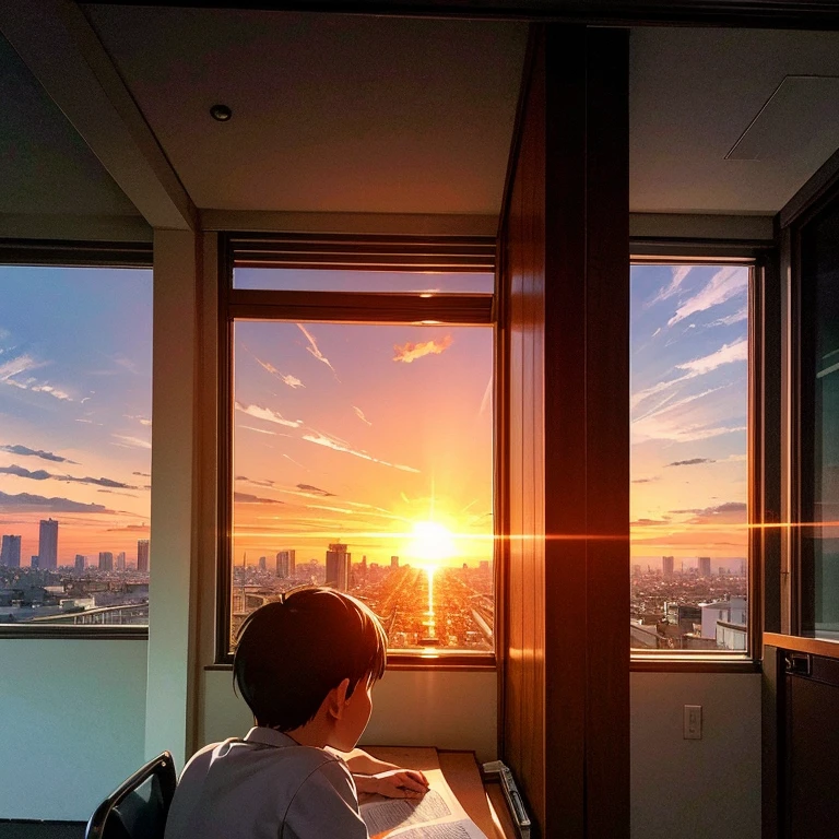 The boy is studying against the backdrop of the sunset outside the window., anime, He lives in the building.  