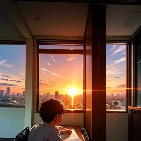 the boy is studying against the backdrop of the sunset outside the window., anime, he lives in the building.