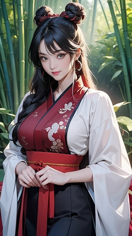 ( High resolution、 Super detailed)、masterpiece、Highest quality、High resolution、8k、Detailed Anime、Buildings from the Tang Dynasty、Tang Dynasty China、Tang Dynasty China、Young and beautiful woman、Beautiful Face、Beautiful Face、Pretty lips、Hanfu、(whole body)、Hair styled in a bright-colored round bun、Smiling eyes、Walking、Cowboy Shot、background、Buildings from the Tang Dynasty、Chang'an during the Tang Dynasty in China、Plum blossom、bamboo forest、Detailed CG、