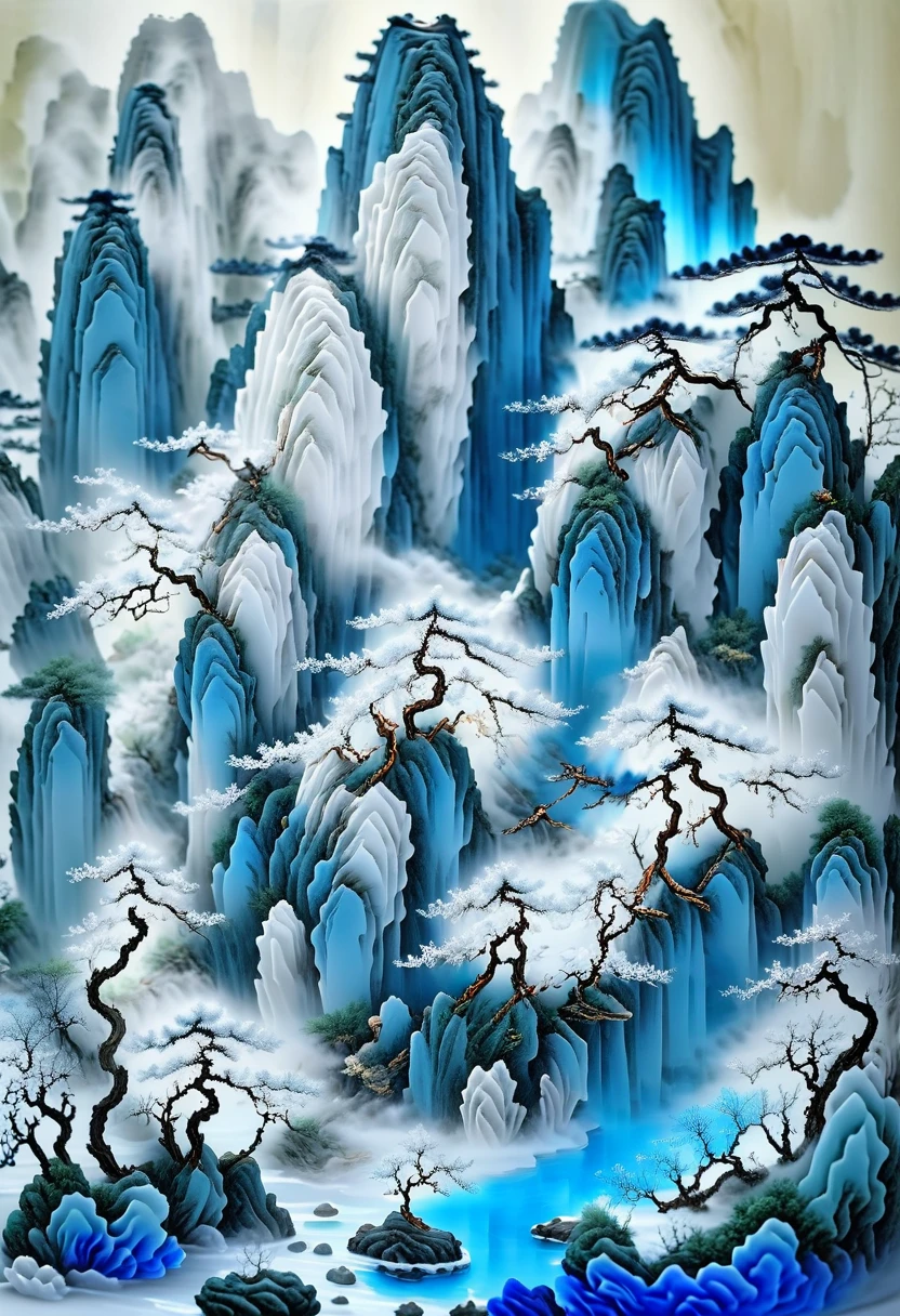 Micro landscape pattern carved on blue and white porcelain vase，Translucent glass material,Blue-white gradient,Traditional Chinese landscape painting,Abstract shapes,Minimalism,cave，3d。water vapor，White mist，Thick fog，