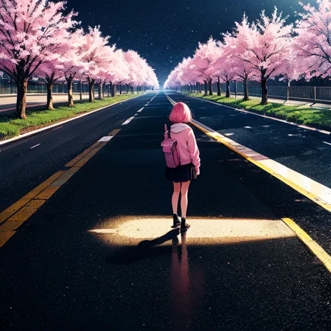 masterpiece, best quality, ultra detailed, illustration, wide angle, 1 girl is standing in the middle of the road, one, the road...