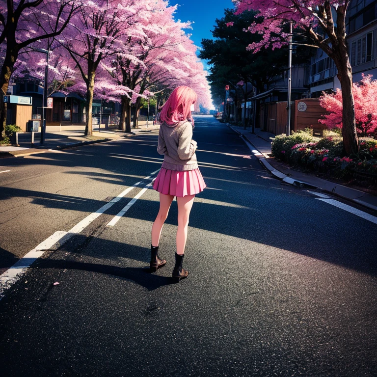 masterpiece, Best quality, ultra detailed, illustration, wide angle, 1 girl is standing in the middle of the road, One, The road in the middle and the pink cherry trees on the side of the road, whole body, 20s, pink hair, sweater, Short skirt, fashion,, composition, balance, harmony, rhythm, color, world, Shadow, reflection, fracture, tone, contrast, foreground, middle, background, naturalistic, figurative, representative.