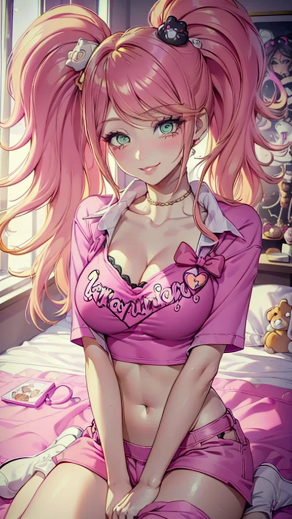 (orange hair), (1girl), green eyes, big lips, pretty lips, ((gyaru)), gyaru hairstyle, (pink crop top), (short jean skirt), ((masterpiece)), ((best quality)), soft shading, underboob peak, highres, smile, thick body, ((pink highlights)), luxury apartment, on bed, sexy POV,