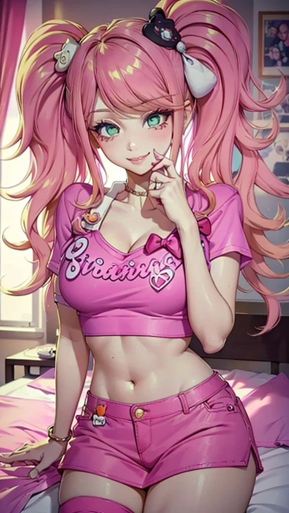 (orange hair), (1girl), green eyes, big lips, pretty lips, ((gyaru)), gyaru hairstyle, (pink crop top), (short jean skirt), ((masterpiece)), ((best quality)), soft shading, underboob peak, highres, smile, thick body, ((pink highlights)), luxury apartment, on bed, sexy POV,