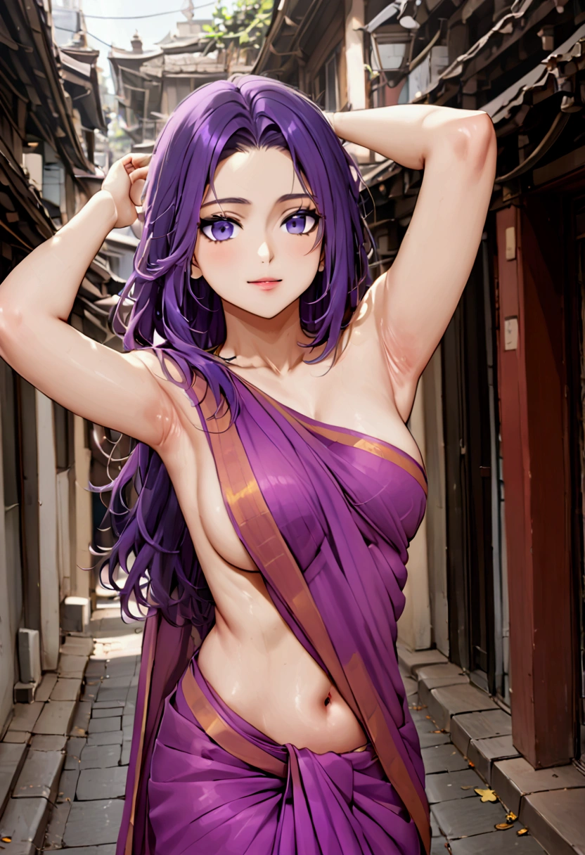 Shinobu wearing saree, no blouse, hands raised, facing the viewer, armpits, standing in street, purple hair, hair down, short hair 