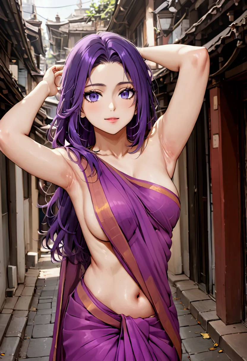 shinobu wearing saree, no blouse, hands raised, facing the viewer, armpits, standing in street, purple hair, hair down, short ha...