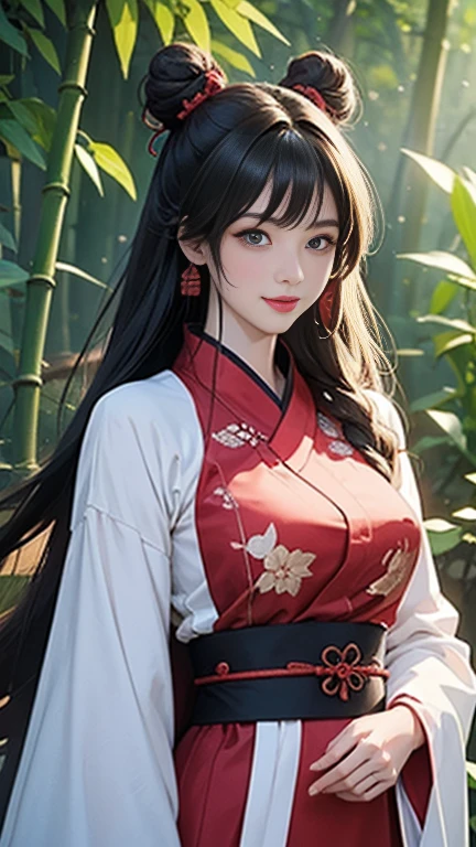 ( High resolution、 Super detailed)、masterpiece、Highest quality、High resolution、8k、Detailed Anime、Buildings from the Tang Dynasty、Tang Dynasty China、Tang Dynasty China、Young and beautiful woman、Beautiful Face、Beautiful Face、Pretty lips、Hanfu、(whole body)、Hair styled in a bright-colored round bun、Smiling eyes、Walking、Cowboy Shot、background、Buildings from the Tang Dynasty、Chang'an during the Tang Dynasty in China、Plum blossom、bamboo forest、Detailed CG、