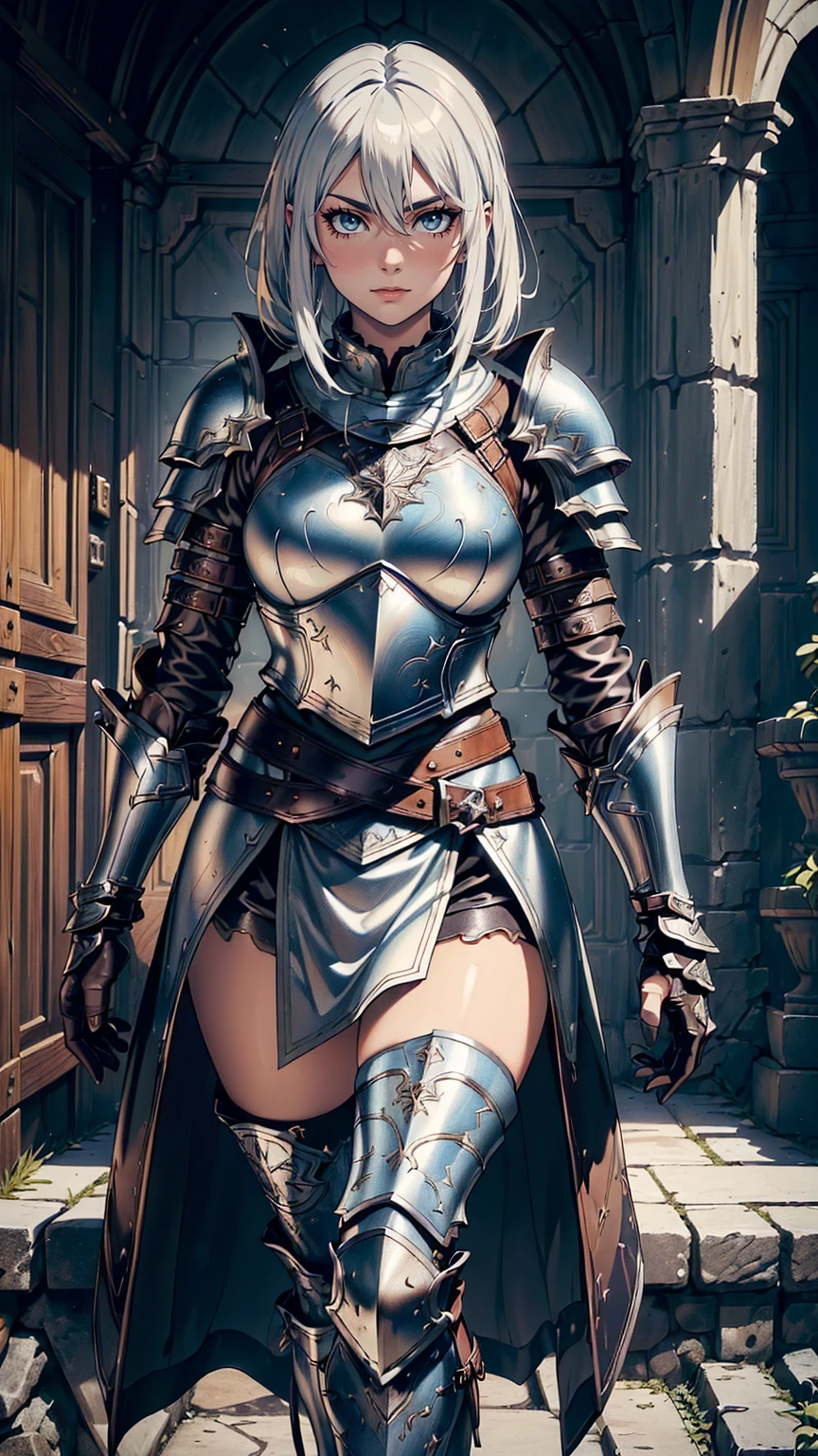 最high quality、Ultra High Definition, Ultra High Quality, Hyper Definition, Hyper Quality, Hyper Detailed, Extremely Detailed, Perfectly Detailed, Best image quality、masterpiece、anime rifle woman((40-year-old、super dynamic pose ,  Blue solid eyes, Silver Short Curve Hair, Disheveled Hair,  White Hair, Glove、Leather Dress,  Noble Leather Armor, Lips,   Strict Expression, , charismatic, Detailed Cuirass , Wearing  Full Coverage Fantasy Leather Armor, leg armor)),high quality、Beautiful art、background((Inside the mansion))、Written boundary depth、 movie、Visual Arts、Perfect art、8K,Genuine、