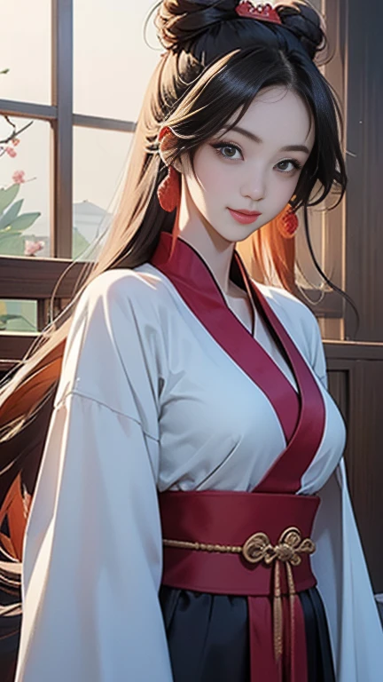 ( High resolution、 Super detailed)、masterpiece、Highest quality、High resolution、8k、Detailed Anime、Buildings from the Tang Dynasty、Tang Dynasty China、Tang Dynasty China、Young and beautiful woman、Beautiful Face、Beautiful Face、Pretty lips、Hanfu、(whole body)、Hair styled in a bright-colored round bun、Smiling eyes、Walking、Cowboy Shot、background、Buildings from the Tang Dynasty、Chang'an during the Tang Dynasty in China、Plum blossom、Detailed CG、