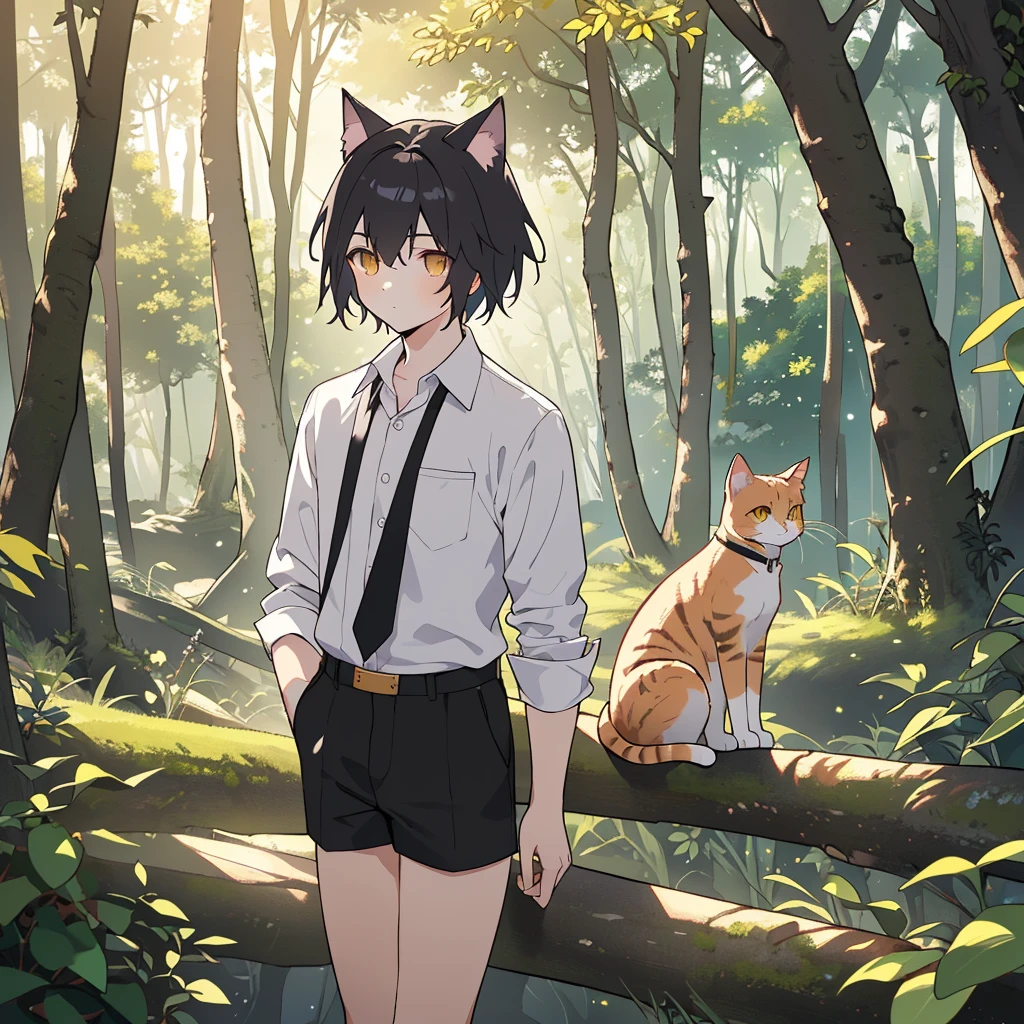 Boy with golden cat eyes, Wear a long-collared shirt and shorts, Black short hair and cat ears, (Highest quality,4K,8k,High resolution,masterpiece:1.2), Extremely detailed representation, Intricate details, Natural light, Soft Focus, Fantasy art, animation, Thin arms, 2D, In the woods, Wizard