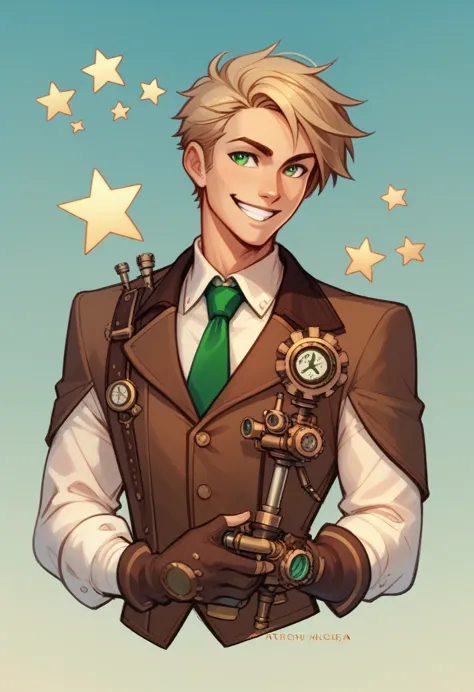 human male, white tied hair , green pupils ,(( concept art )) ,smile , brown vest , green tie ,steampunk ,gloves