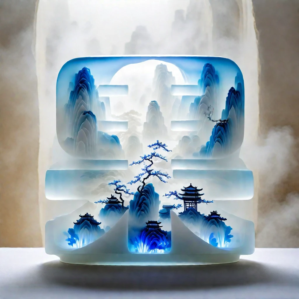 Micro landscape pattern carved on blue and white porcelain vase，Translucent glass material,Blue-white gradient,Traditional Chinese landscape painting,Abstract shapes,Minimalism,cave，3d。water vapor，White mist，Thick fog，