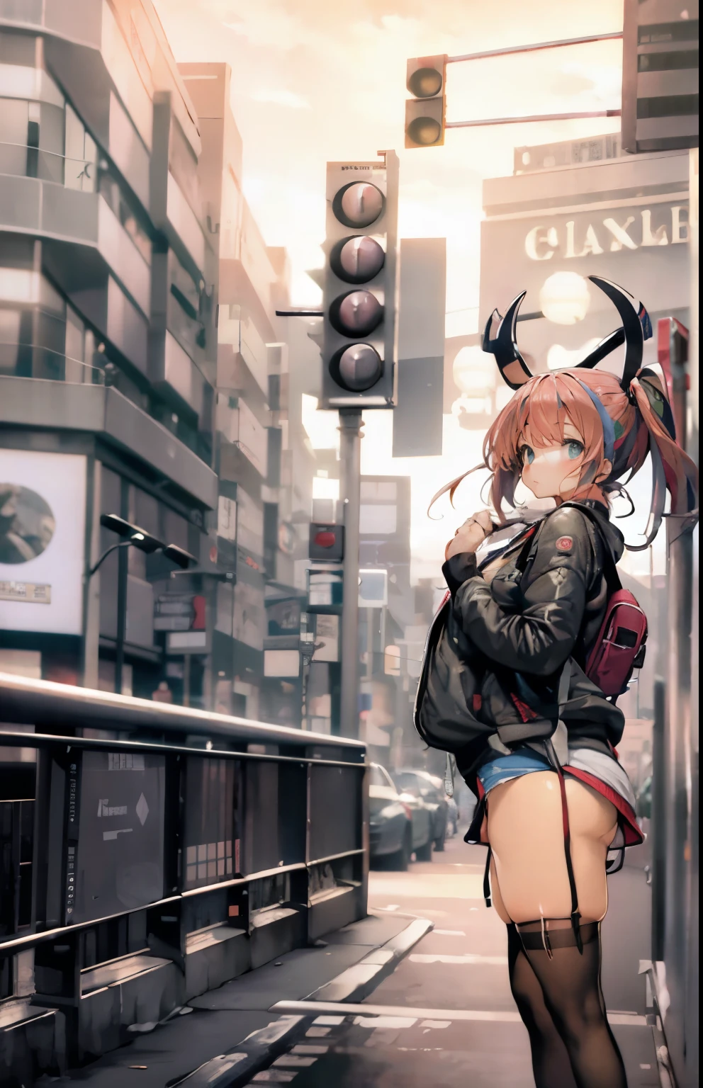 nsfw:1.5,Browsing Caution,'(masterpiece, Highest quality, Very detailed, 8k wallpaper, Realistic), 1 person, Curvaceous yet slender body, Big Breasts, Colorful printed micro bikini top, Fleece jacket, Shorts, Knee socks, Bangles, choker, Twin tails, Backpack, street, Street lamp, Late Night