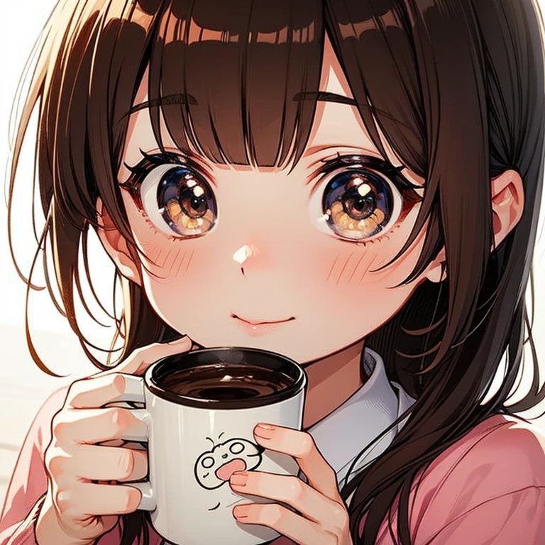 Young girl holding a cup of coffee in her hand, girl with a cute face, cute natural anime face, with a sweet - beautiful - face, Sakimi Chan, What, Yoshitomo Nara, young cute face, beautiful face of a Japanese girl, brown hair and big eyes, cute kawaii girl, Beautiful bright big eyes