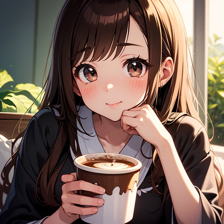 Young girl holding a cup of coffee in her hand, girl with a cute face, cute natural anime face, with a sweet - beautiful - face, Sakimi Chan, What, Yoshitomo Nara, young cute face, beautiful face of a Japanese girl, brown hair and big eyes, cute kawaii girl, Beautiful bright big eyes