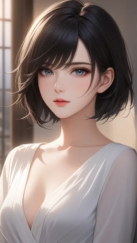 (top resolution、distinct_image)top-quality、females、​masterpiece、ighly detailed、semi-realistic、black short hair、dark hair、grey  e...