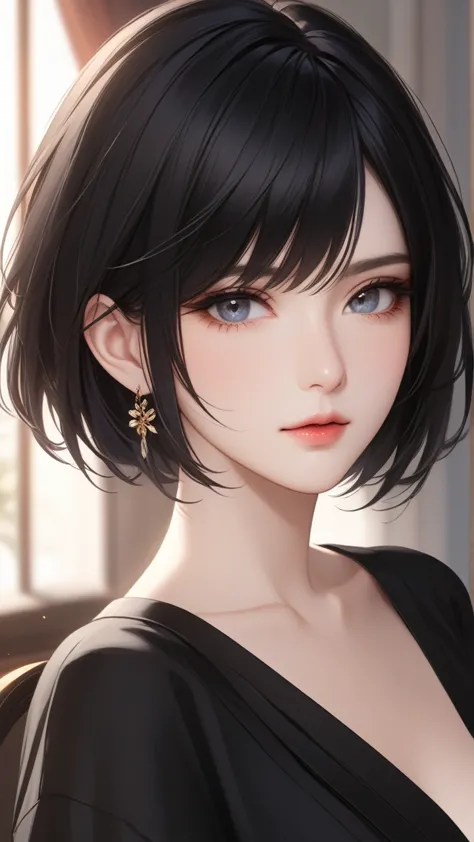 (top resolution、distinct_image)top-quality、females、​masterpiece、ighly detailed、semi-realistic、black short hair、dark hair、grey  e...