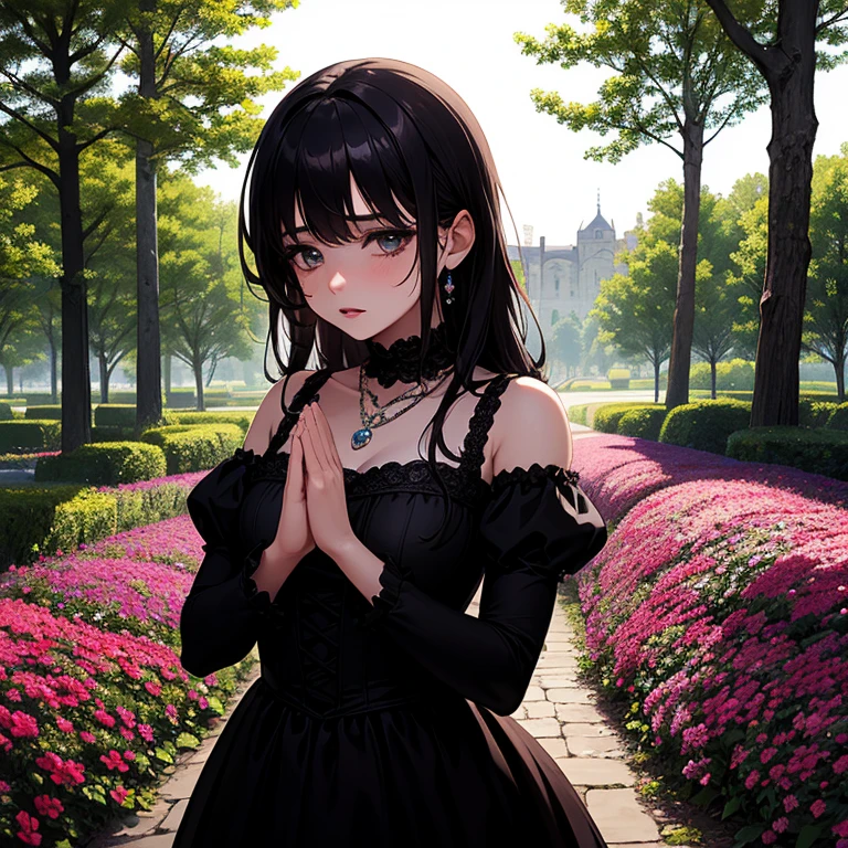 (masterpiece:1.2), (Best quality:1.2), Perfect eyes, perfect face, perfect lighting, 1 girl, Mature gothic woman standing with her hands in front of her, long hair, intricate hairstyle, draw up, black lips, thick eyelashes, sad, Melancholy, in a gothic costume, black and white dress, frill, ribbons, puffy sleeves, bare shoulders, Lacey necklace, Jewelry, peaceful, quiet, cold, detailed outdoor background, Beautiful landscape, Fantasy, summer, Solar, sunburnt, flowers, trees  