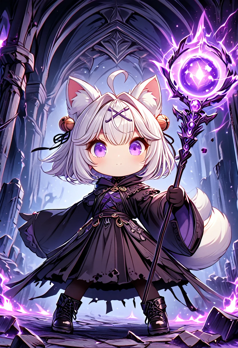 master piece, best quality, ultra-detailed, illustration, midnight, battlefield, gloomy atmosphere, broken castle, broken walls, ruins, purple flames, purple lightning,  1girl, solo, chibi, (big head), cute pose, front view, looking at viewer, ((full body Close up)), chubby, fat, filian, filianoverall, Filiansailor, ((white hair)) , short hair, shoulder length hair, fly-away hair, bangs, hairclip, purple hair ornament, cat ears, (hair bell:1.3) ahoge, purple eyes, closed mouth, smiling, (white fox tail), (black tattered robe), long gown, black arm sleeves, (black gloves) , wielding orbstaff, black stockings, black boots