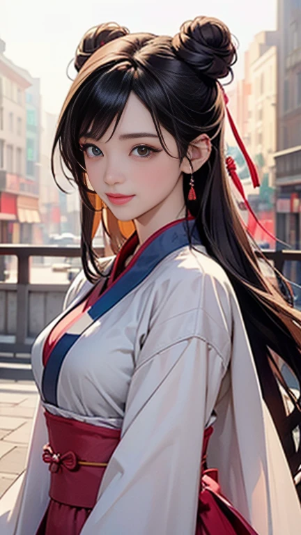 ( High resolution、 Super detailed)、masterpiece、Highest quality、High resolution、8k、Detailed Anime、Buildings from the Tang Dynasty、Tang Dynasty China、Tang Dynasty China、Young and beautiful woman、Beautiful Face、Beautiful Face、Pretty lips、Hanfu、(whole body)、Hair styled in a bright-colored round bun、Smiling eyes、Walking、Cowboy Shot、background、Plum blossom、Detailed CG、