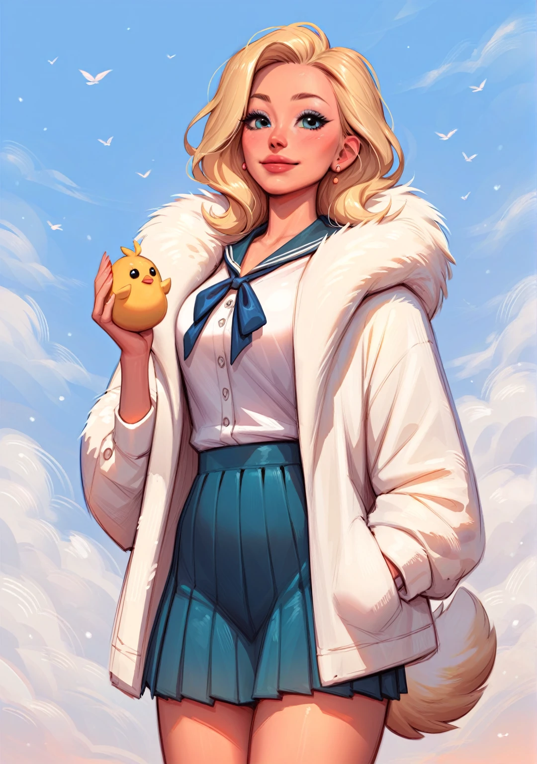 a woman in a chic fur coat, a fur coat unbuttoned, a woman holding a mouthpiece in her hand, a white pleated skirt, a white blouse, a sailor suit, a blonde with bright makeup