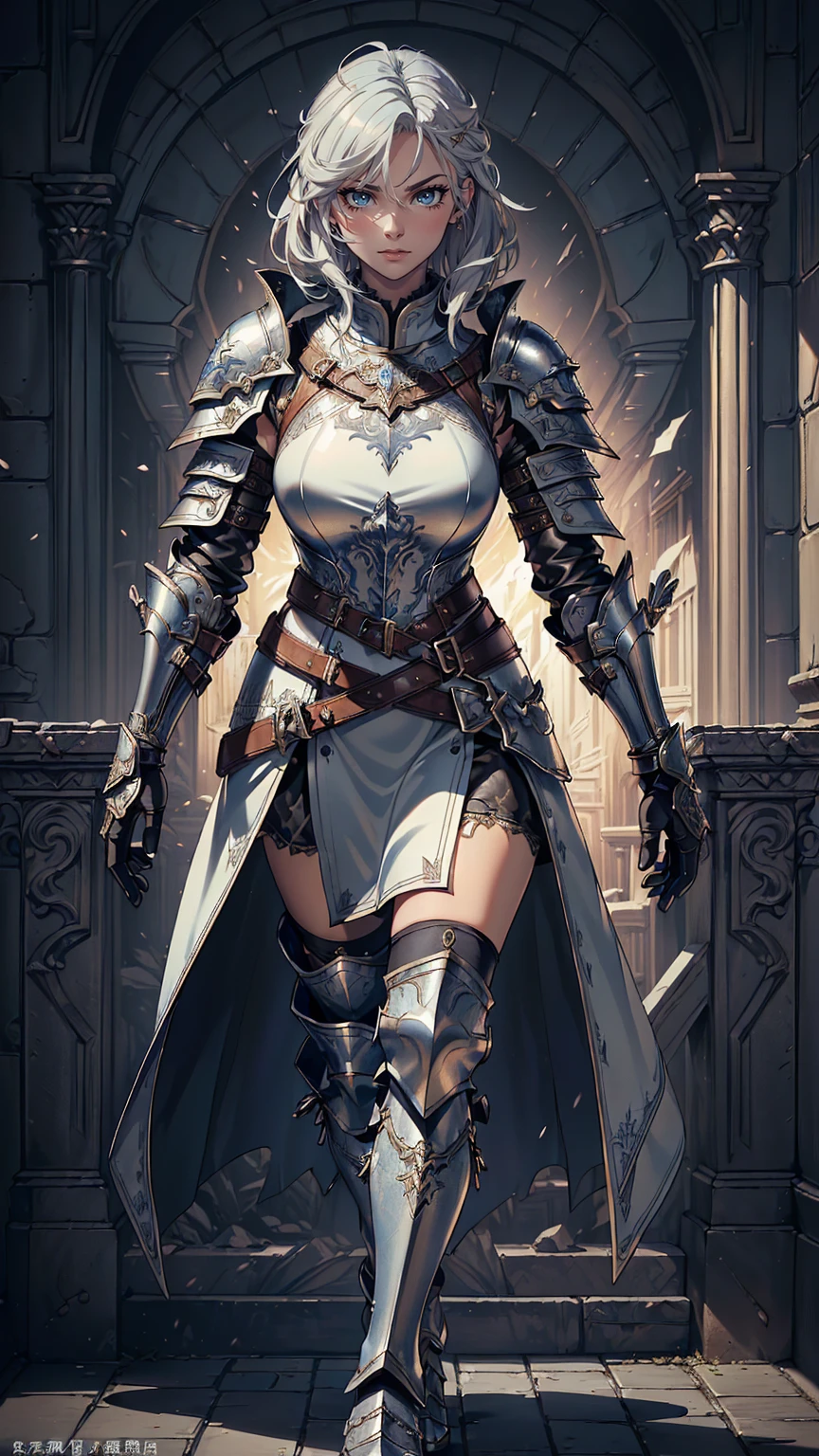 最high quality、Ultra High Definition, Ultra High Quality, Hyper Definition, Hyper Quality, Hyper Detailed, Extremely Detailed, Perfectly Detailed, Best image quality、masterpiece、anime rifle woman((40-year-old、super dynamic pose ,  Blue solid eyes, Silver Short Curve Hair, Disheveled Hair,  White Hair, Glove、Leather Dress,  Noble Leather Armor, Lips,   Strict Expression, , charismatic, Detailed Cuirass , Wearing  Full Coverage Fantasy Leather Armor, leg armor)),high quality、Beautiful art、background((Inside the mansion))、Written boundary depth、 movie、Visual Arts、Perfect art、8K,Genuine、